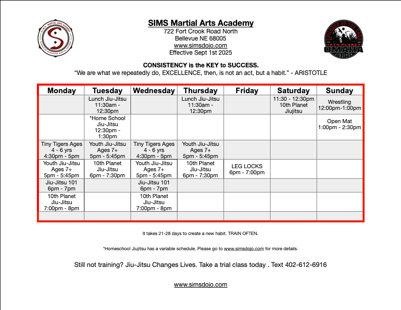 Bellevue Jiu-Jitsu Schedule Fall 2025